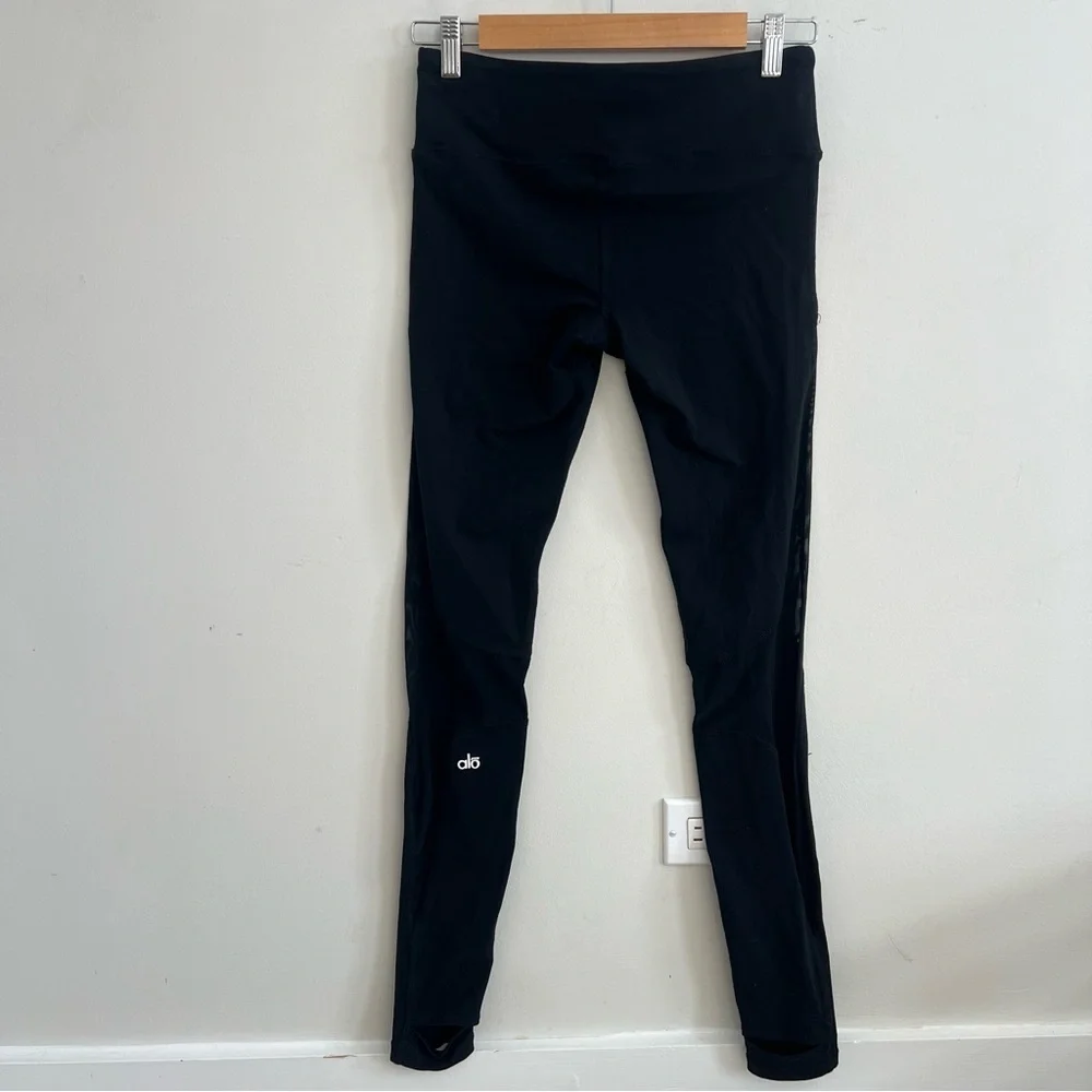 ALO Yoga Black Stirrup Leggings Mesh Detail High Waisted Athletic Fitness